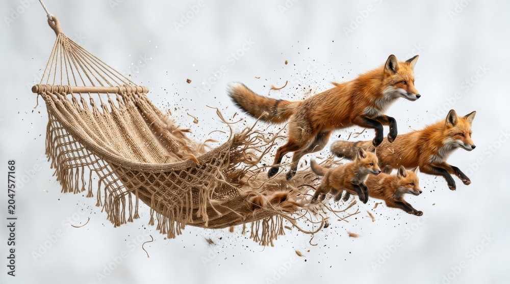 Fototapeta premium Family of red foxes jumping from a rustic rope hammock