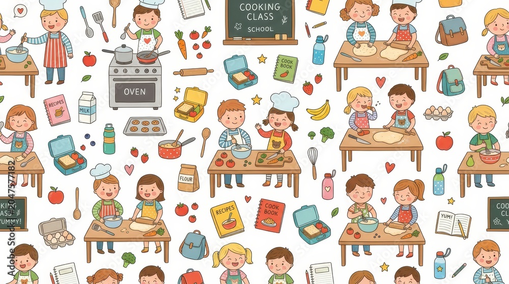 Fototapeta premium Children happily prepare various dishes, chop vegetables, and roll dough in a lively cooking class