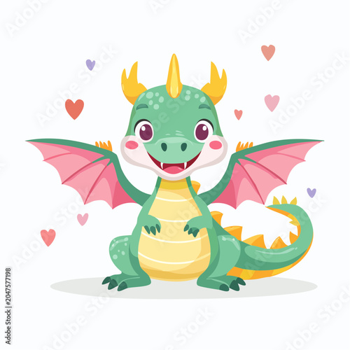 Cute Green Dragon with Pink Wings and Hearts