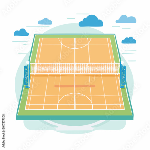 Flat design illustration of a volleyball court with net