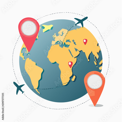 Globe with Airplanes and Location Pins