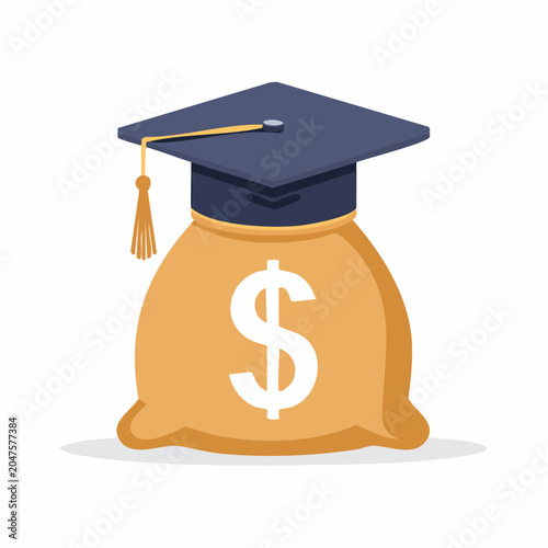 Graduation Cap on Money Bag with Dollar Sign