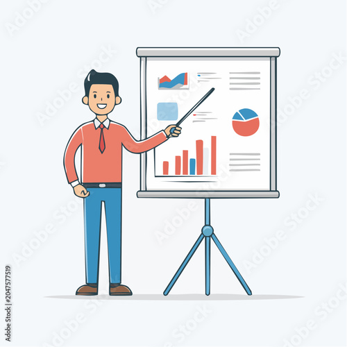 Man presenting data charts on a whiteboard