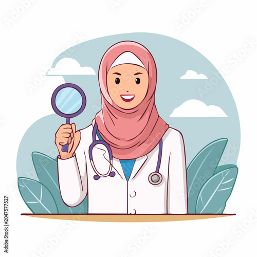 Muslim Female Doctor Holding Magnifying Glass