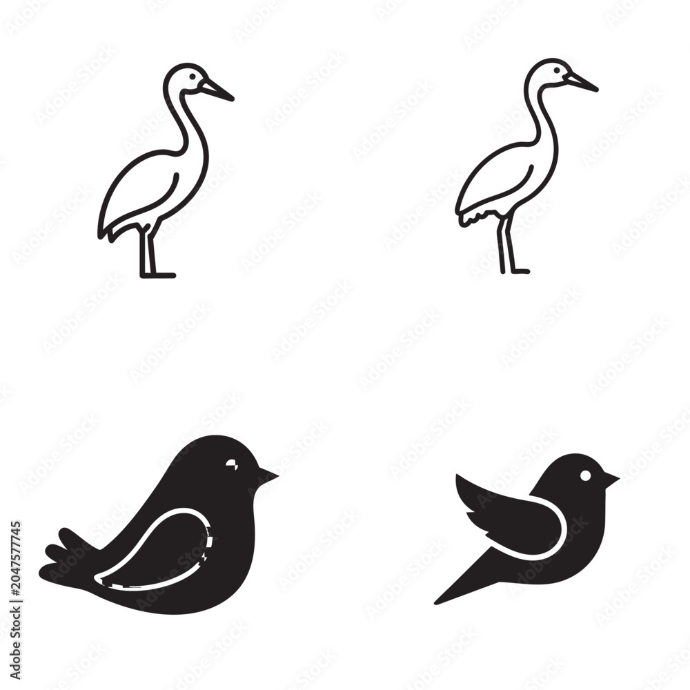 Fototapeta premium Bird Illustration Set with Four Cartoon Flamingo and Seabird Icons in Simple Black Line Art and Filled Silhouettes on a White Background