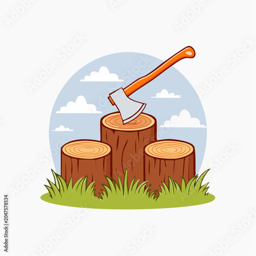 Axe stuck in a tree stump on a podium with grass and clouds