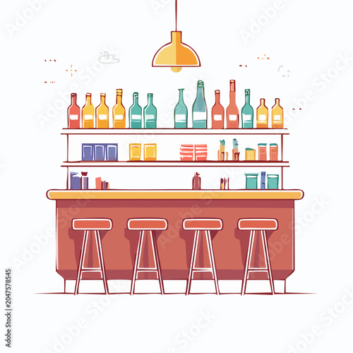 Bar counter with stools and bottles on shelves