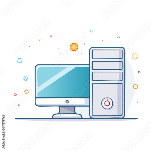 Flat design desktop computer with monitor and tower