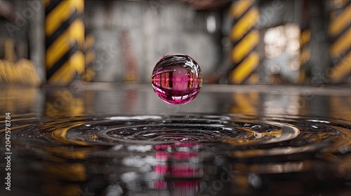 Suspended pink droplet creates ripples on dark, reflective surface