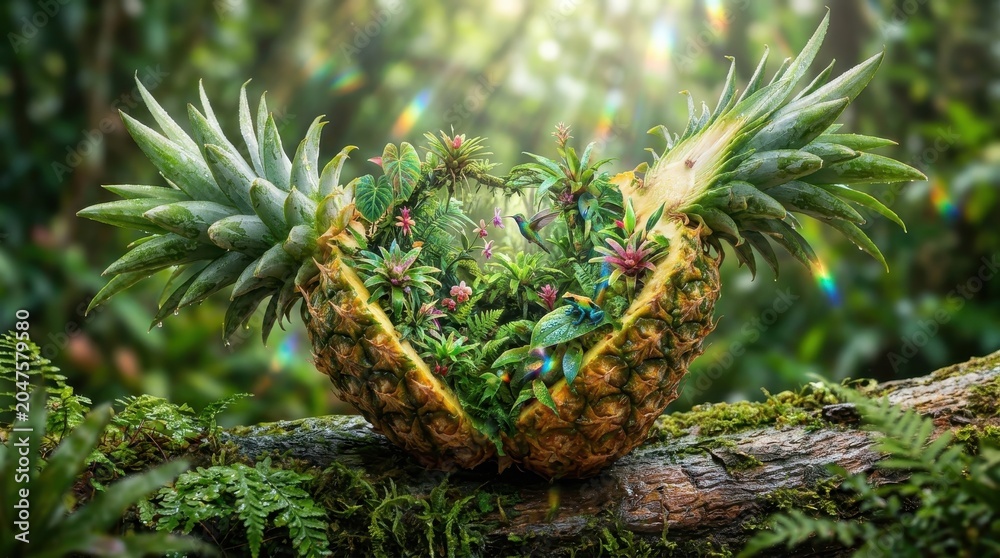 Fototapeta premium Pineapple fruit hollowed out as a miniature tropical jungle ecosystem on a forest log