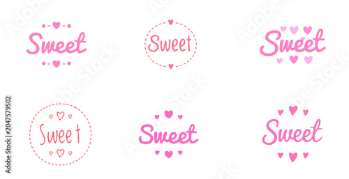 A delightful assortment of Sweet logo styles decorated with hearts and delicate details, bringing a lovely touch to bakery packaging, gift tags, labels, and creative projects.