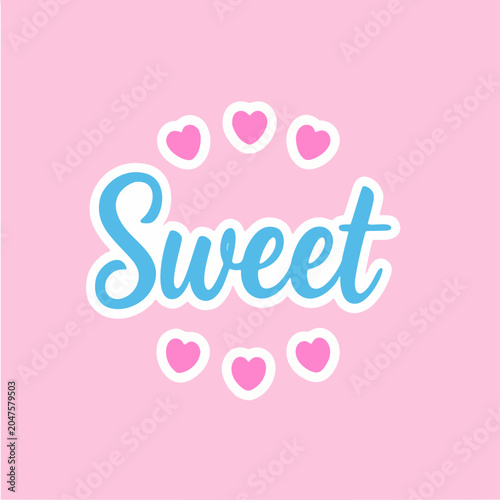 Adorable Sweet typography featuring soft blue lettering surrounded by lovely pink hearts, ideal for greeting cards, bakery branding, romantic designs, and cute merchandise.