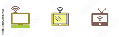 Colorful screen and television icons with wireless connection symbols, representing modern technology, streaming, smart devices, digital communication, media platforms, and online entertainment.