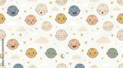 Baby faces, expressions, stars, clouds, hearts on light background