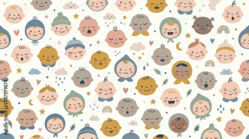 Sweet babies with various expressions and skin tones form a playful pattern with stars and clouds