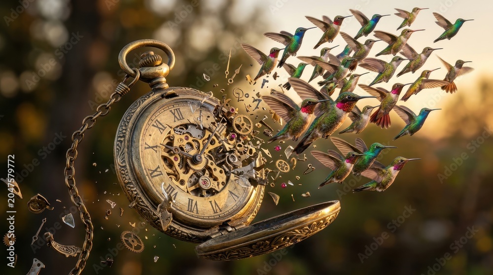 Fototapeta premium Vintage pocket watch transforming into a flock of hummingbirds