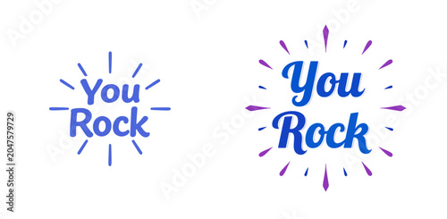 Cheerful hand-lettered “You Rock” designs with radiant accent lines, perfect for motivational cards, classroom rewards, social media posts, stickers, and uplifting branding projects.