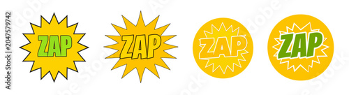 Eye-catching comic style zap badges with explosive shapes and vivid colors, perfect for pop art projects, gaming graphics, promotional designs, stickers, and fun branding.