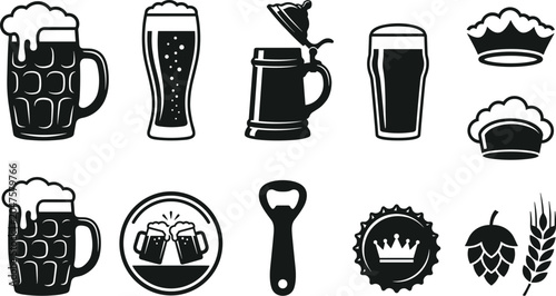 Quadro su tela Brewery and Pub Vector Element Set Featuring Beer Mugs, Pint Glasses, Traditiona