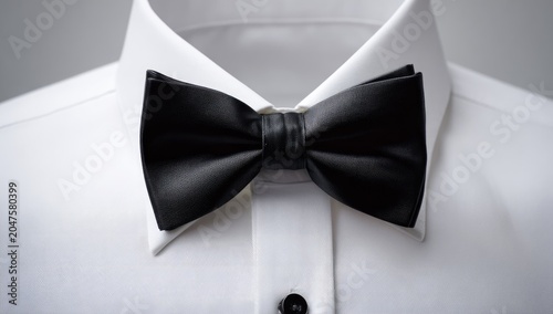 A classic black bow tie is centered on a crisp white dress shirt collar