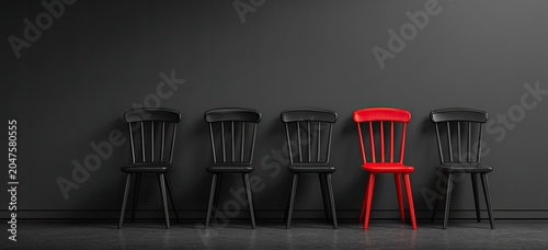 A red chair stands out from a row of black chairs against a dark wall