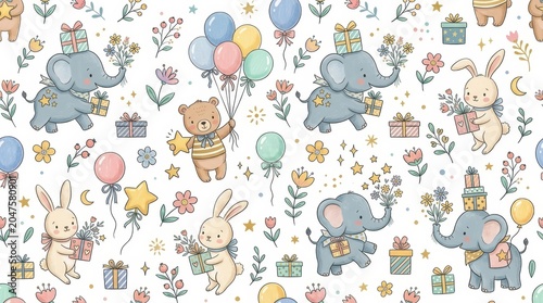 Cute elephants, bunnies, and a bear surrounded by gifts, balloons, flowers, and stars