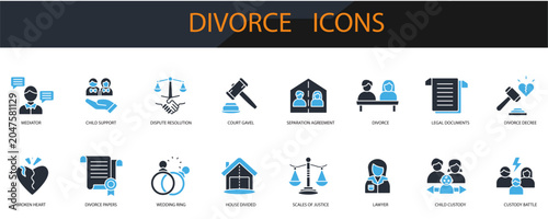 Obraz na płótnie divorce icons set minimalist flat style design, divorce set Vector illustration