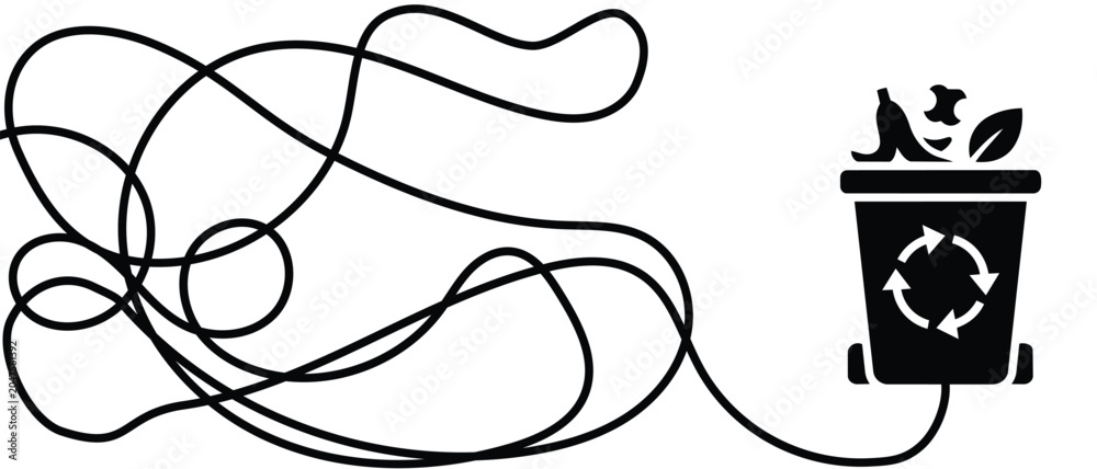 Obraz premium Messy path flows into composting bin icon filled with organic food scraps. Conceptual vector graphic showing difficult process of sorting household trash waste.