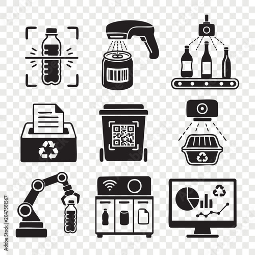 Smart recycling system icons set with barcode scanning plastic bottles sorting bins robotic arms and charts