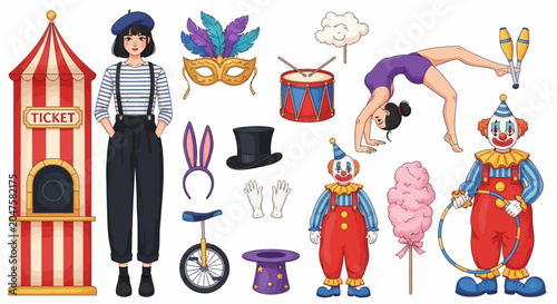 Foto Circus icons, carnival vector set, colorful clown characters, festive illustrati