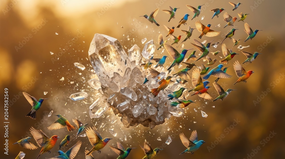 Fototapeta premium Hummingbirds flying around a large glowing crystal cluster