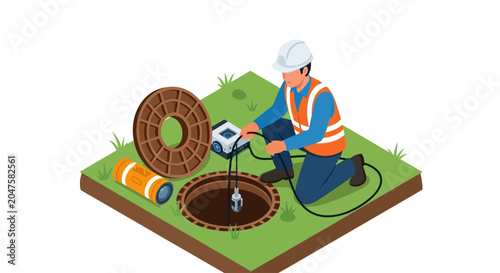 Картината върху платно Sewer worker, maintenance technician, inspecting pipe, manhole cover, green terr