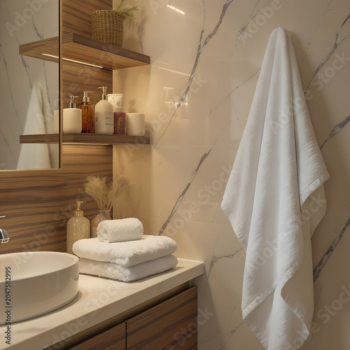 Modern bathroom interior with cozy decor and soft towels on display
