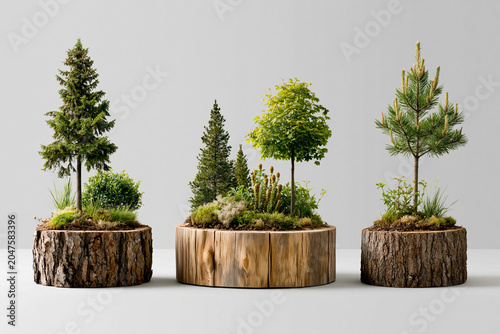Small tree models placed on wooden bases in a simple display setup in indoor space