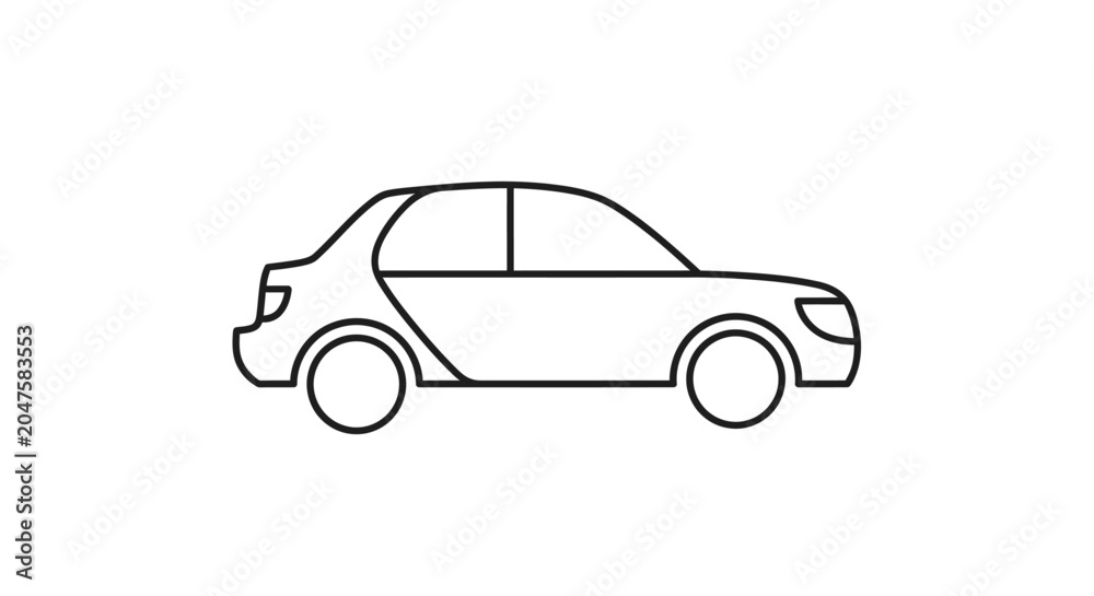 Fototapeta premium Simple black and white line art drawing of a car in side profile.