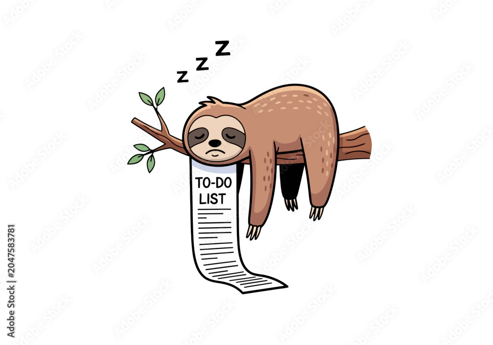 Fototapeta premium Cute lazy sloth sleeping on a tree branch with a long to-do list, funny procrastination and laziness concept vector illustration