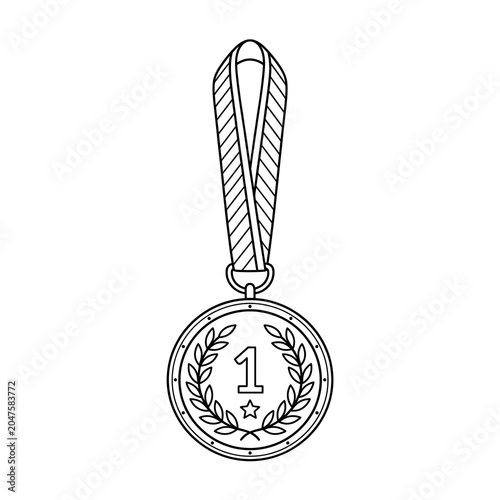 Detailed line art of a gold medal featuring a number one on white background