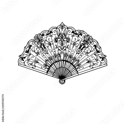 Folding fan set with ornate Victorian line art design featuring hand-held accessory, royal decorative patterns, and classic antique styling with vintage aesthetics