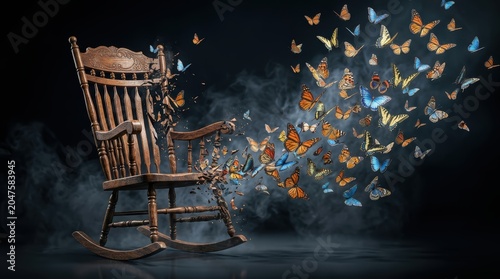 Wooden rocking chair transforming into a swarm of butterflies in smoke