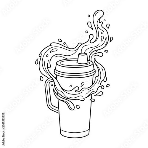 Black and white line art illustration of a travel coffee mug splashing on white background