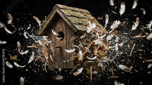 Wooden birdhouse exploding with feathers and debris