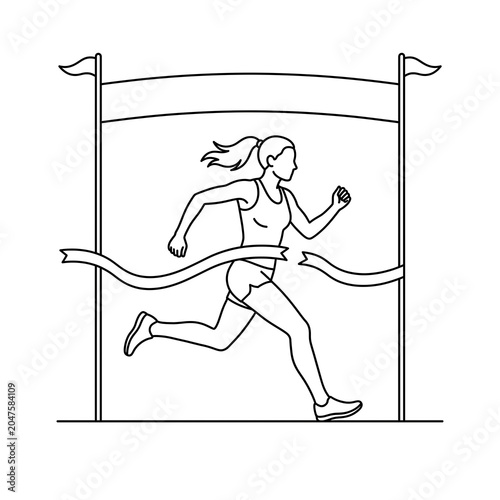 Female runner crossing the finish line in a black and white line art on white background