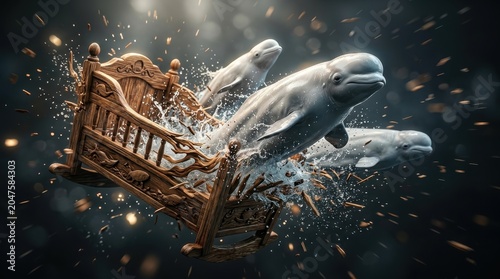 Beluga whales leaping from a wooden cradle in dark water