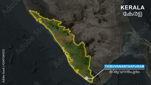 Kerala state map highlight animation, Pointing the capital Thiruvananthapuram in a star marker and label text, Location Visualization, outline glowing, geographic and political map