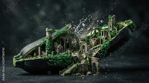 Fantasy stone ruins inside a cracked zucchini