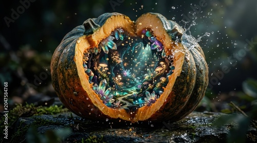 Fantasy carved pumpkin with glowing crystal forest interior