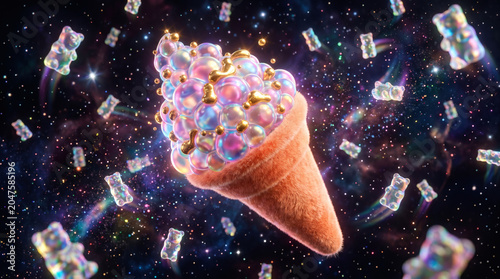 A surreal floating waffle cone filled with iridescent bubble scoop and metallic gold accents, surrounded by translucent neon gummy bears drifting in a deep starry cosmic galaxy space.
