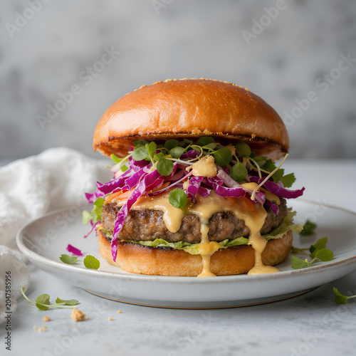 delicious burger with colorful toppings on a white plate with soft background
