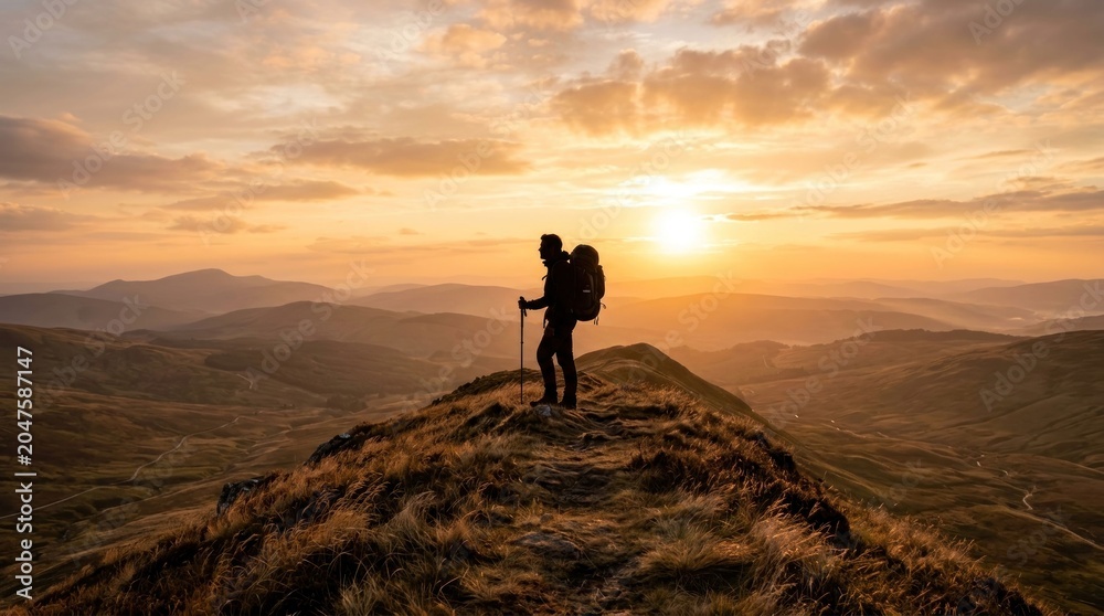 Obraz premium Silhouette of a hiker on a mountain peak at sunset.