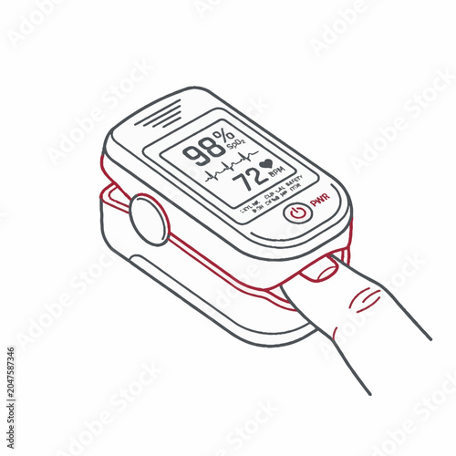 Line art illustration of a fingertip pulse oximeter measuring blood oxygen saturation and heart rate on a finger.